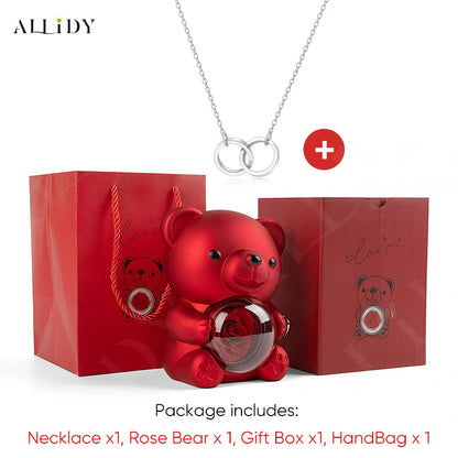 Red Eternal Rose Teddy Bear with Stainless Steel Custom Names Necklace Jewelry Gifts Set for Woman Valentine'S Gift