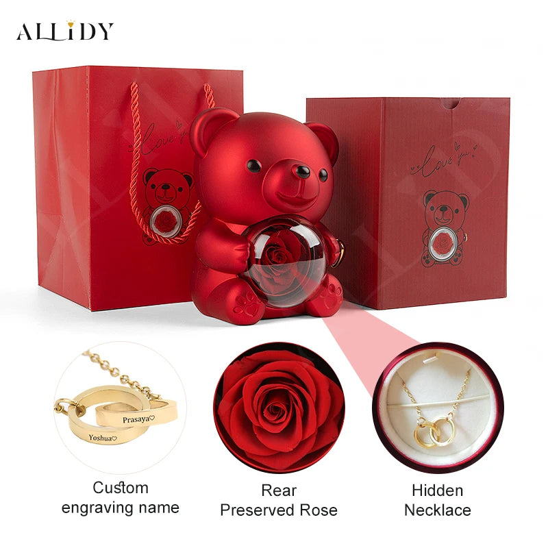 Red Eternal Rose Teddy Bear with Stainless Steel Custom Names Necklace Jewelry Gifts Set for Woman Valentine'S Gift