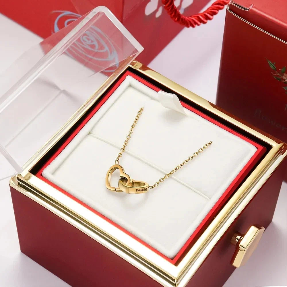 2024 New Valentine'S Day Gift Custom for Women Double Heart Engraved Name Steel Necklace Eternal Rose Box Wedding Ring Box