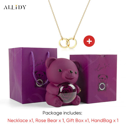 Red Eternal Rose Teddy Bear with Stainless Steel Custom Names Necklace Jewelry Gifts Set for Woman Valentine'S Gift