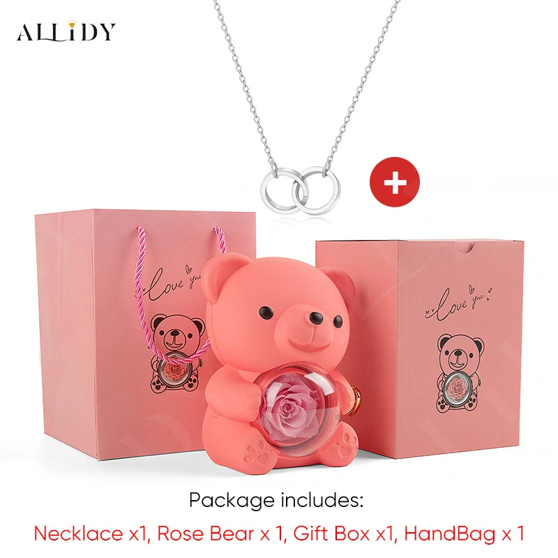 Red Eternal Rose Teddy Bear with Stainless Steel Custom Names Necklace Jewelry Gifts Set for Woman Valentine'S Gift