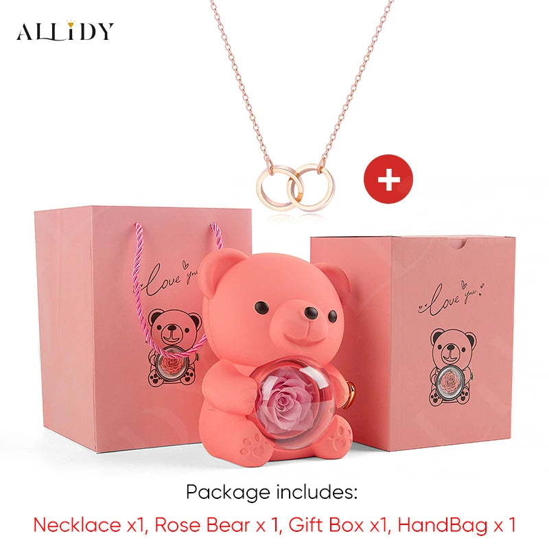 Red Eternal Rose Teddy Bear with Stainless Steel Custom Names Necklace Jewelry Gifts Set for Woman Valentine'S Gift