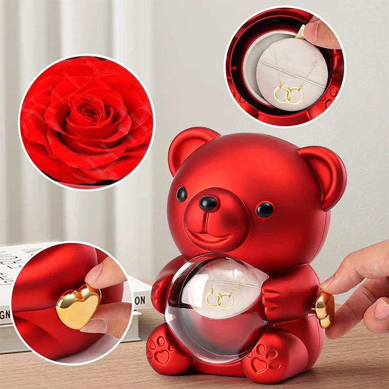 Red Eternal Rose Teddy Bear with Stainless Steel Custom Names Necklace Jewelry Gifts Set for Woman Valentine'S Gift