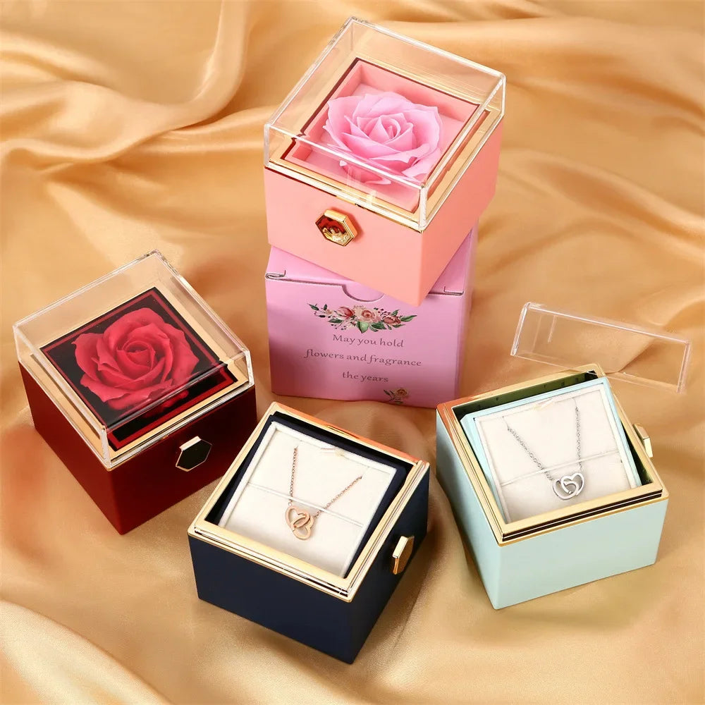 2024 New Valentine'S Day Gift Custom for Women Double Heart Engraved Name Steel Necklace Eternal Rose Box Wedding Ring Box