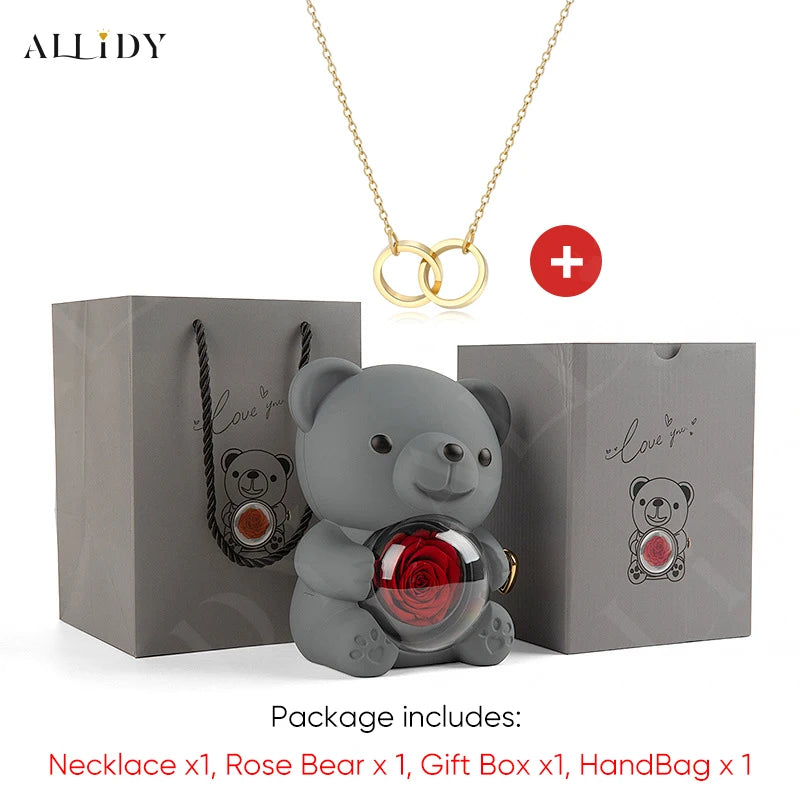 Red Eternal Rose Teddy Bear with Stainless Steel Custom Names Necklace Jewelry Gifts Set for Woman Valentine'S Gift