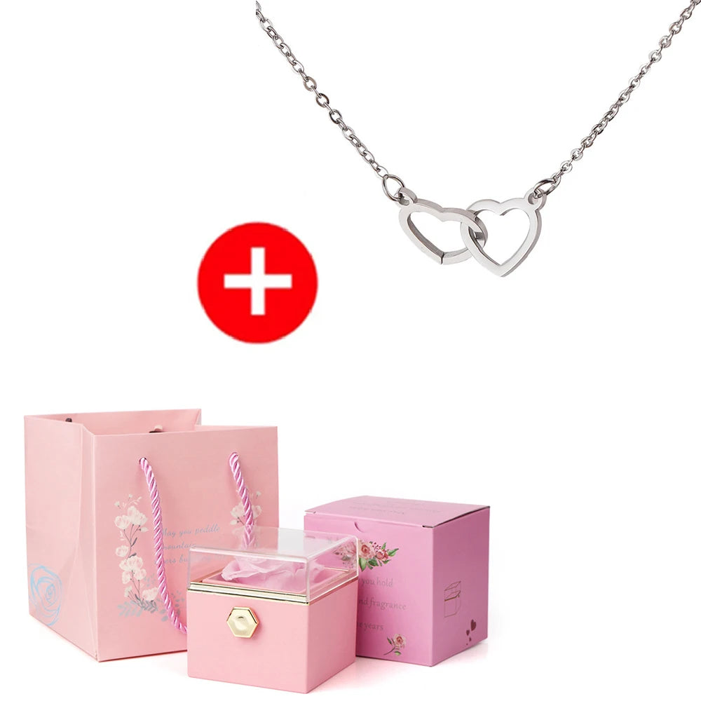 2024 New Valentine'S Day Gift Custom for Women Double Heart Engraved Name Steel Necklace Eternal Rose Box Wedding Ring Box