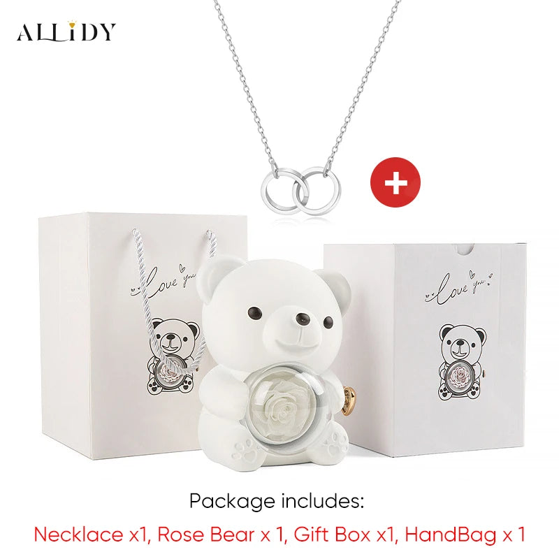 Red Eternal Rose Teddy Bear with Stainless Steel Custom Names Necklace Jewelry Gifts Set for Woman Valentine'S Gift