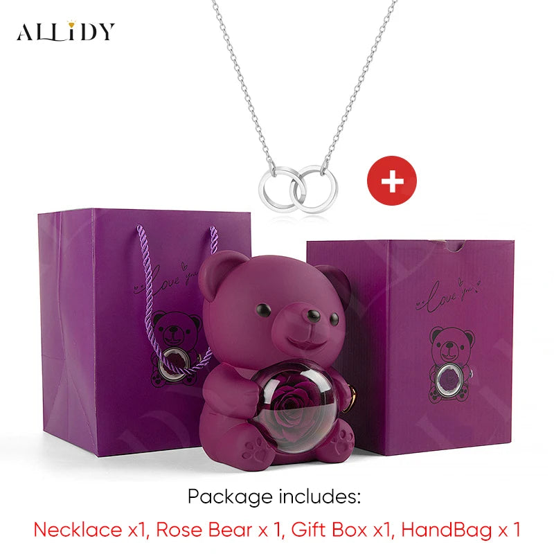 Red Eternal Rose Teddy Bear with Stainless Steel Custom Names Necklace Jewelry Gifts Set for Woman Valentine'S Gift